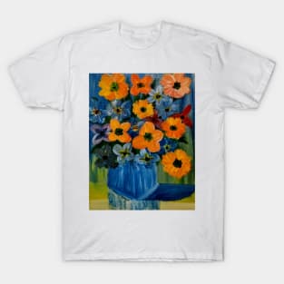 A beautiful bouquet of mixed flowers in a glass and gold vase T-Shirt